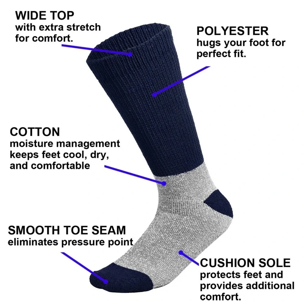 Winter Thermal Socks Cotton Padded Arch Black Gray 13-15 Diabetic Boot Socks 2pk